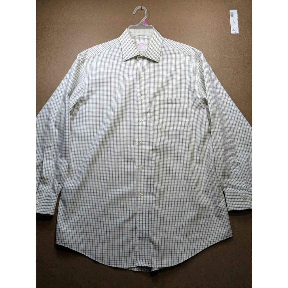 Brooks Brothers 346 Mens Dress Shirt 15.5 2/3 Green White Check Non-Iron Cotton
